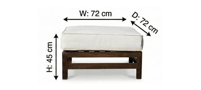 Measurement chart of a wooden ottoman with white cushion on a white background