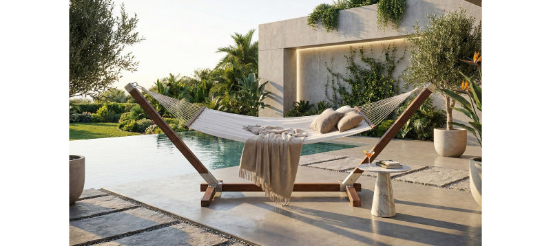 Hammock by a pool with a modern outdoor setting