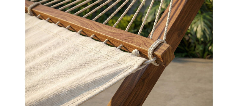 Close-up of a wooden hammock frame with fabric seat, blurred greenery in the background.
