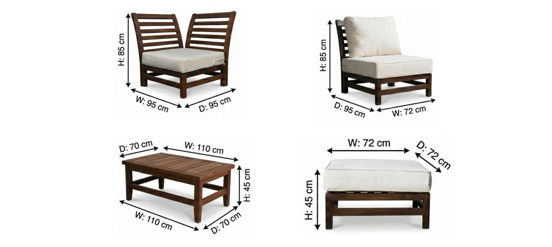 Outdoor furniture set with dimensions labeled on a white background