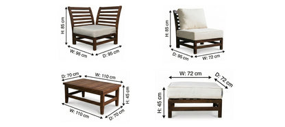 Outdoor furniture set with dimensions labeled on a white background