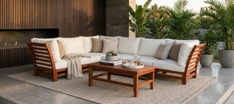 Outdoor patio setting with a sectional sofa, coffee table, and decorative items.