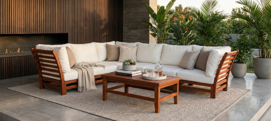 Outdoor patio setting with a sectional sofa, coffee table, and decorative items.
