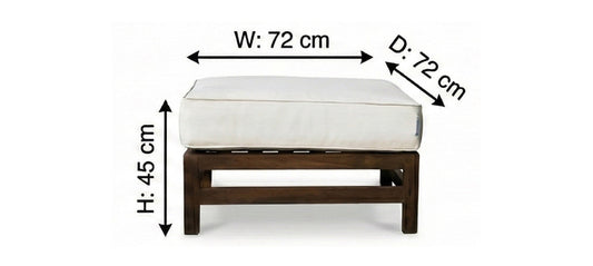 Measurement chart of a wooden ottoman with white cushion on a white background
